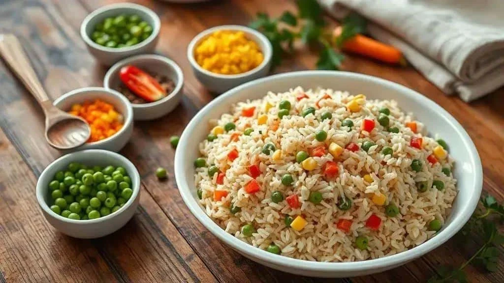 A bowl of festive rice with peas, sweetcorn, carrot and red pepper