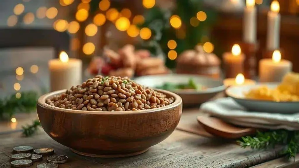 A bowl of lentils on a festive table with candles and decorative coins