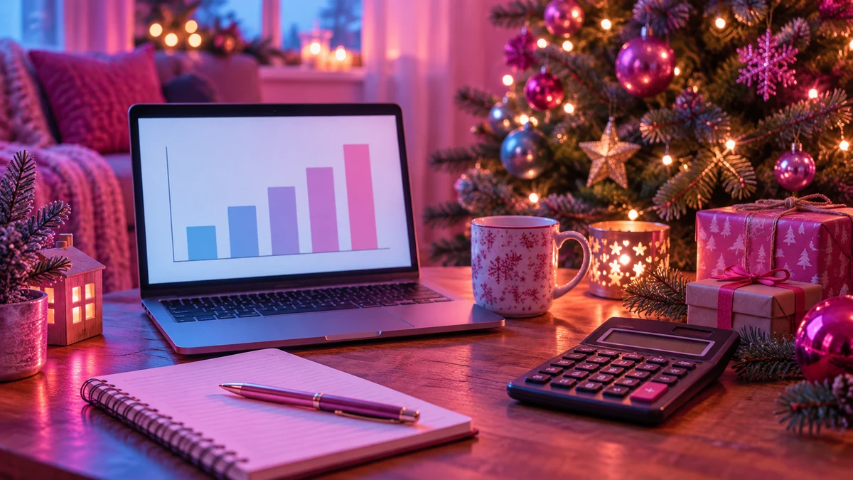 A budget notebook and laptop beside a Christmas tree