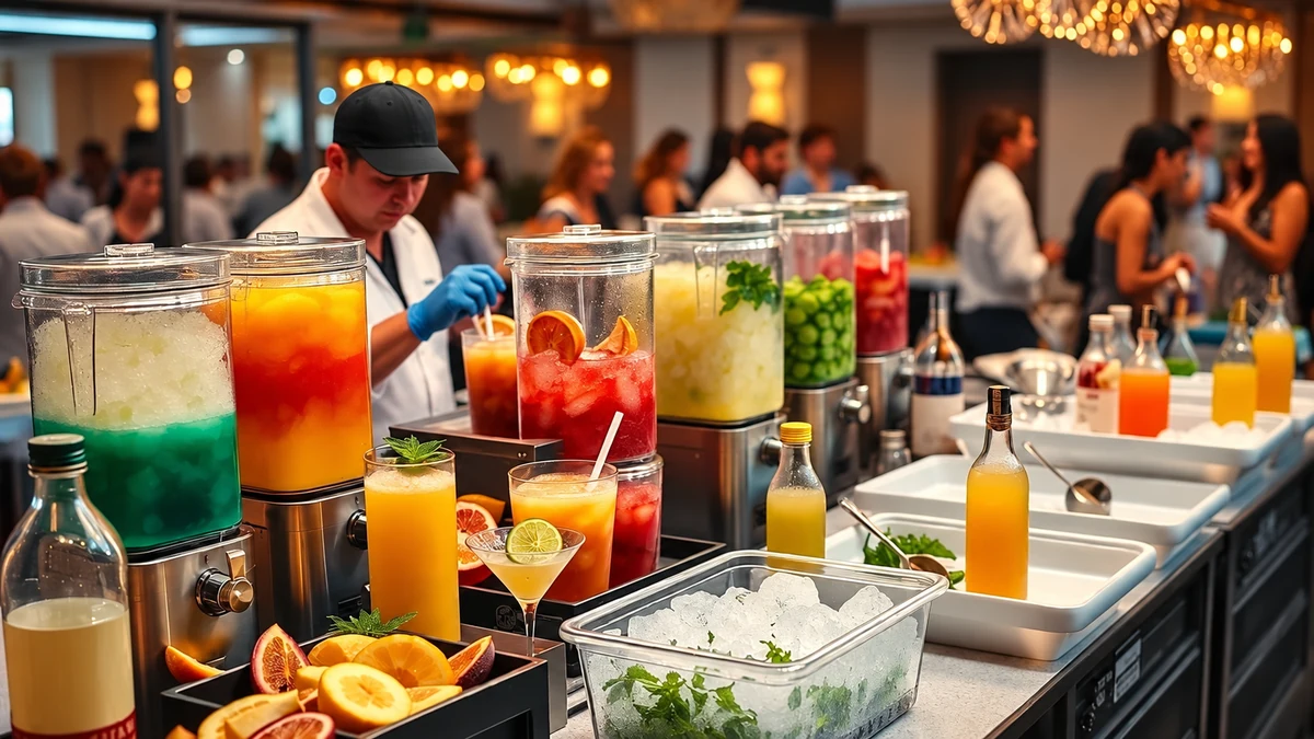 A catering drinks station with dispensers, fruit and ice