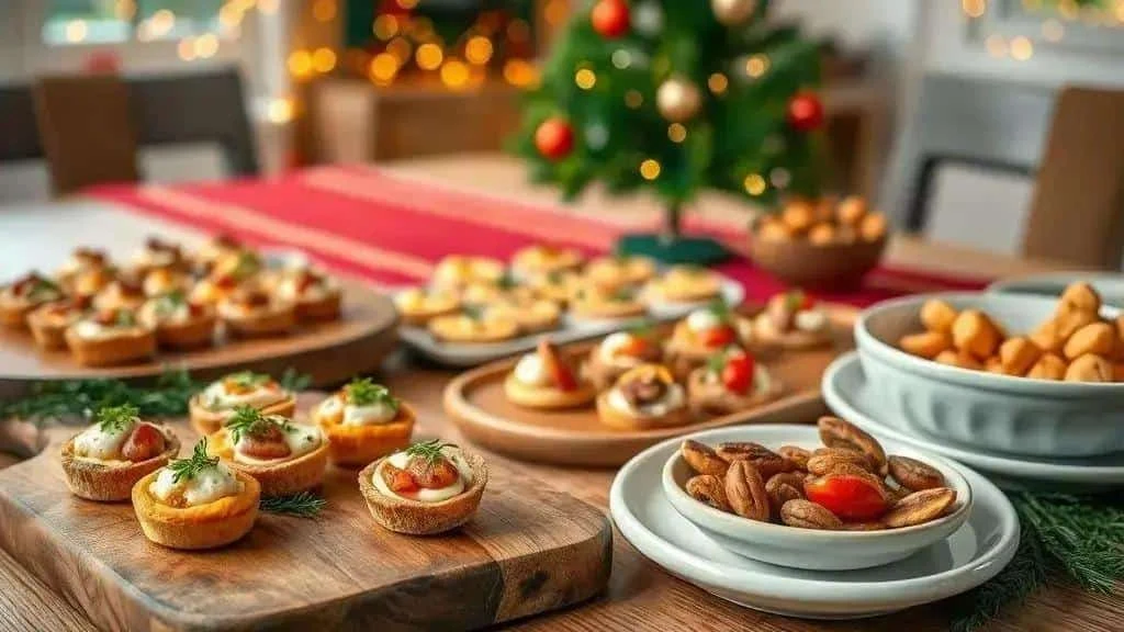 A Christmas buffet with small savoury bakes, sauces and sharing dishes