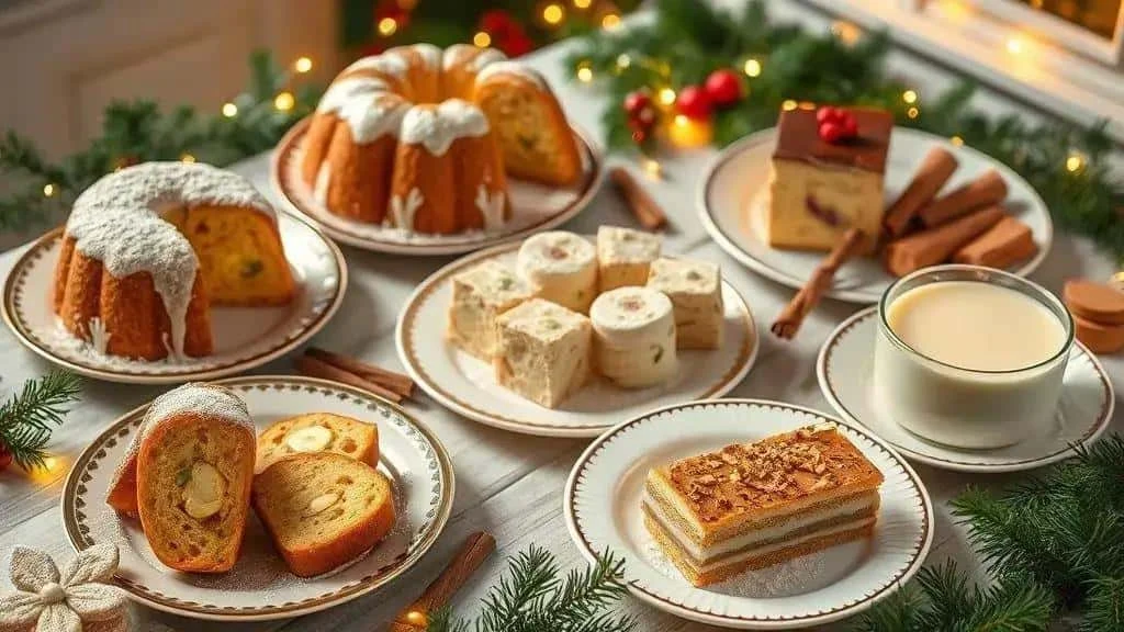 A Christmas dessert table with cakes, sweet bread and layered puddings