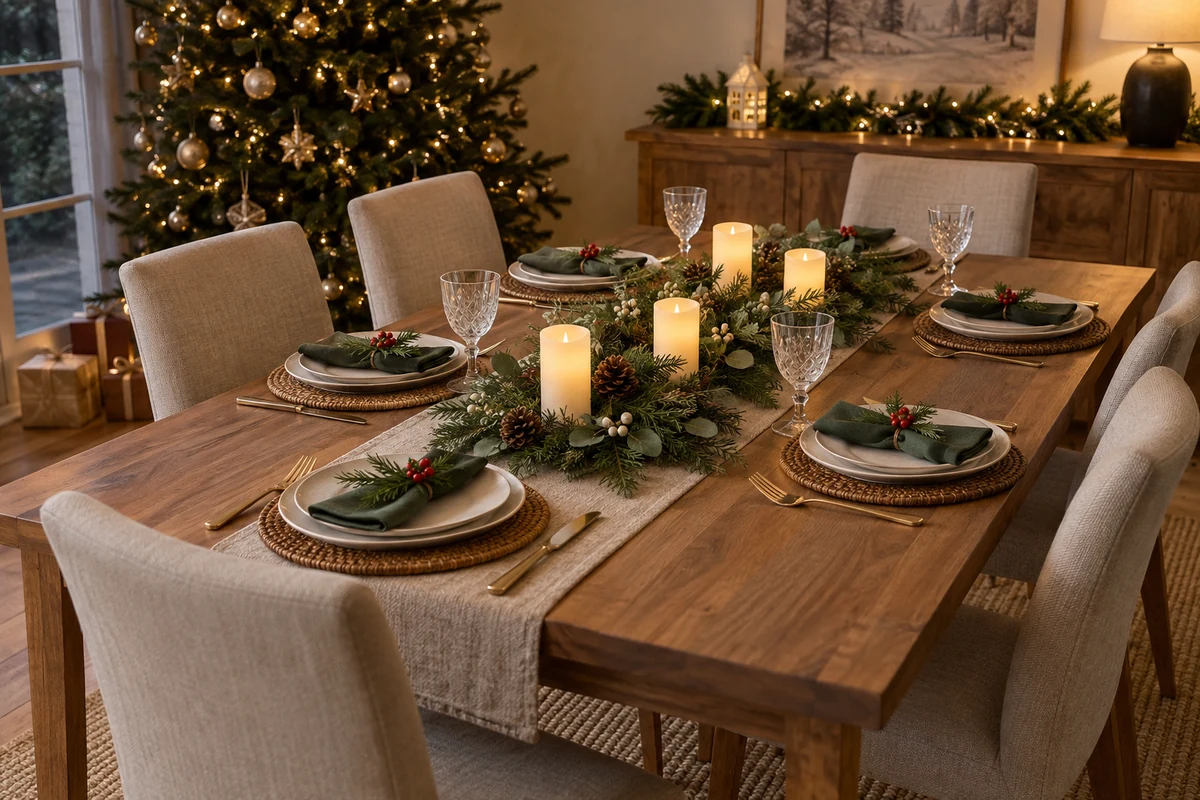 A Christmas dining table with safe LED candle lighting