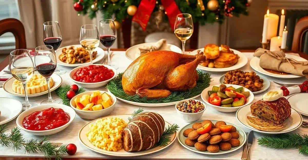 A Christmas dinner table with roast poultry and side dishes