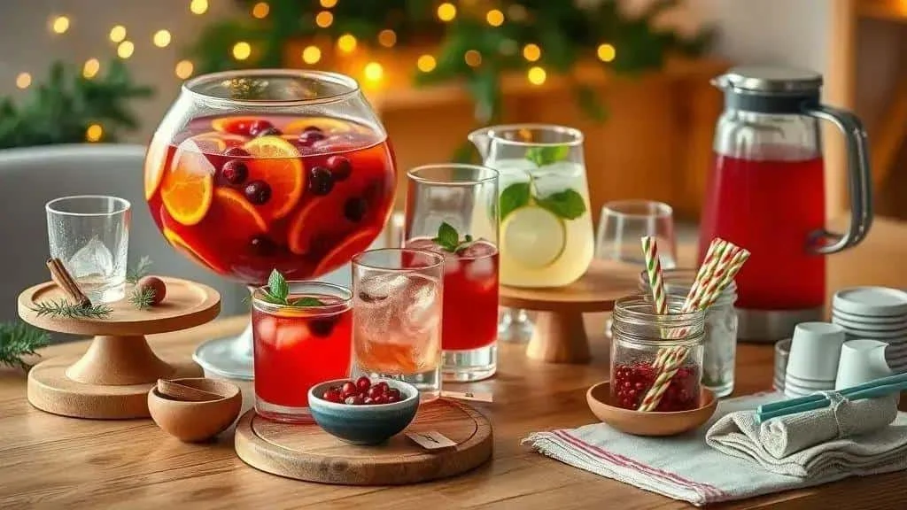 A Christmas drinks station with fruit punch and glasses