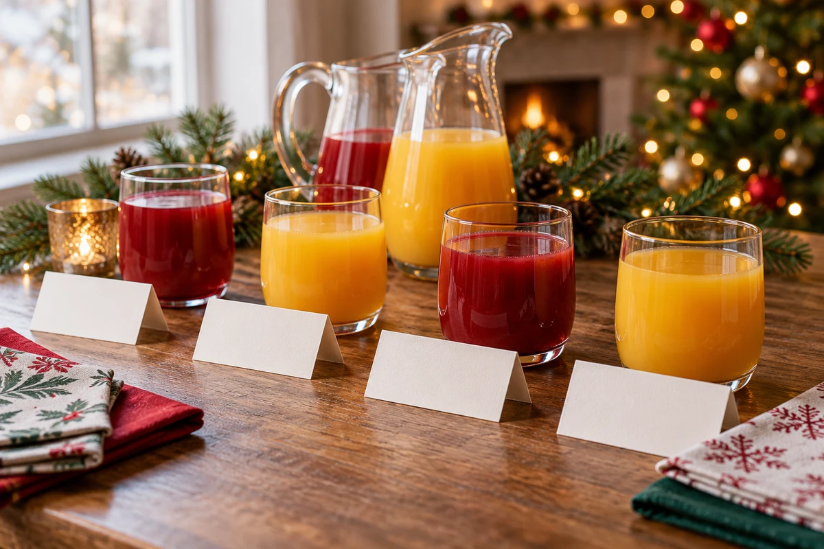 A Christmas fruit drink station with jugs and small glasses