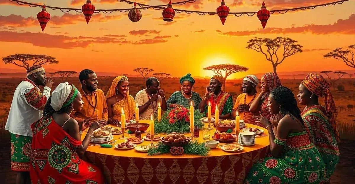 A Christmas gathering around a table at sunset