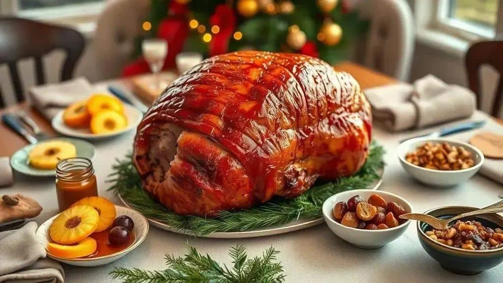 A Christmas meal with ham and side dishes