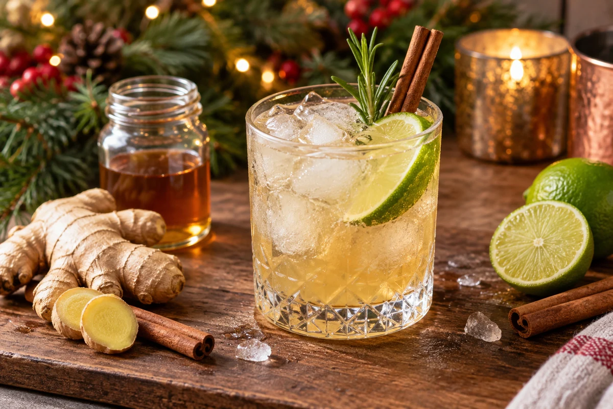 A Christmas mule beside citrus ginger and spiced syrup