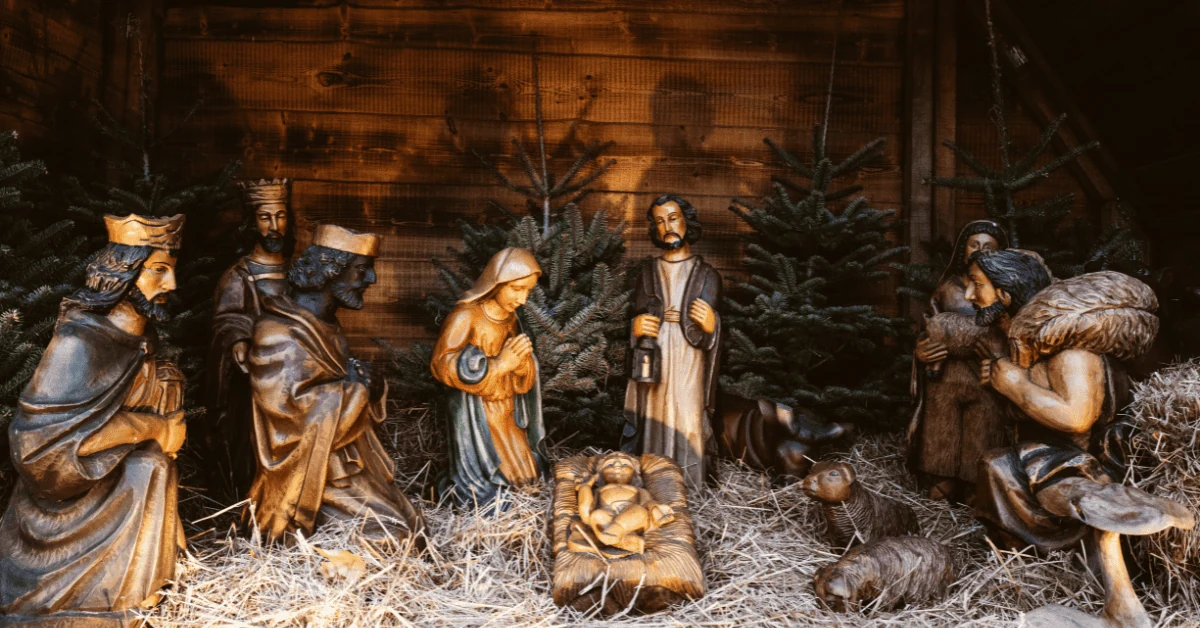 A Christmas Nativity scene with traditional figures