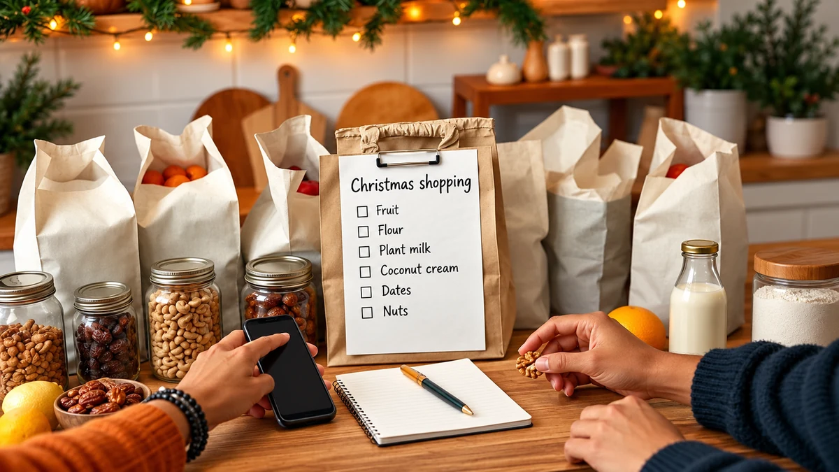 A Christmas shopping checklist beside bags, jars and plant-based baking ingredients