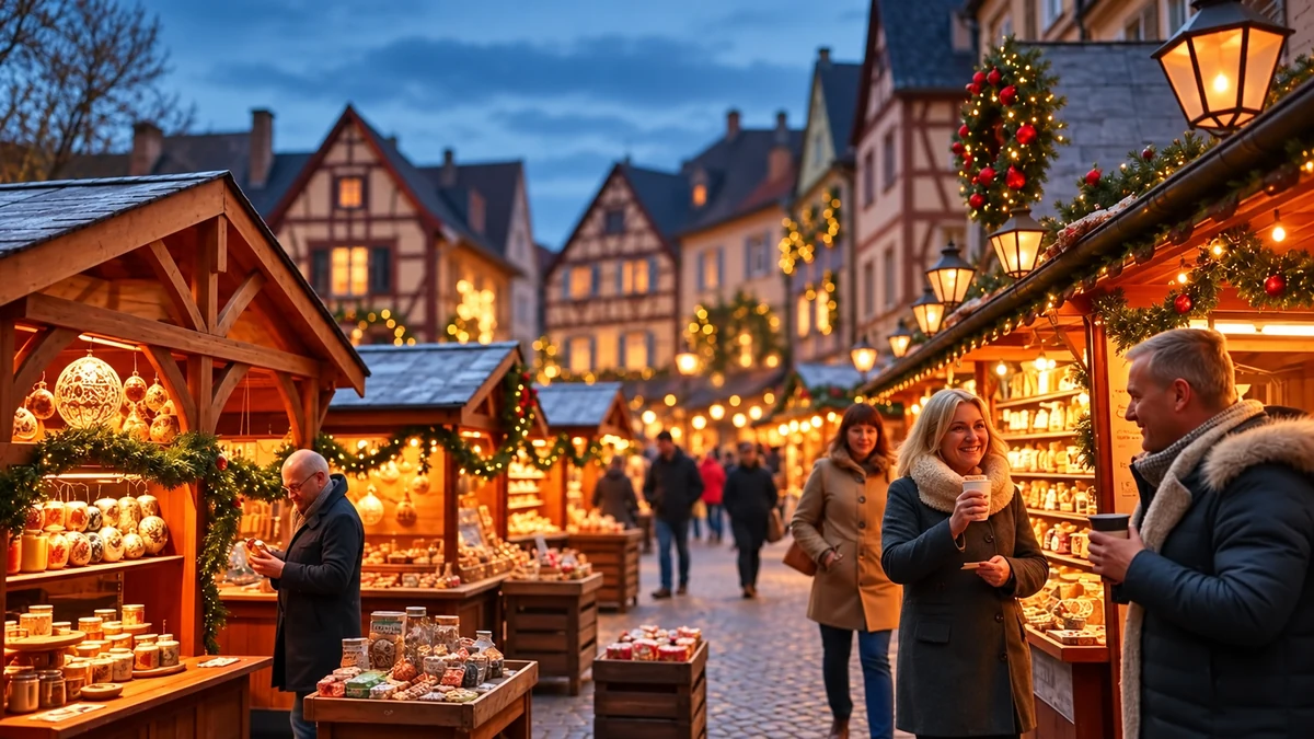 A Christmas tree among half timbered Alsatian houses