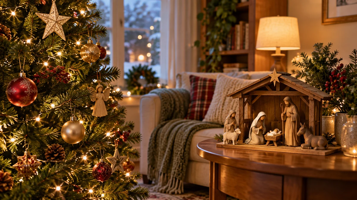 A Christmas tree beside a wooden Nativity scene