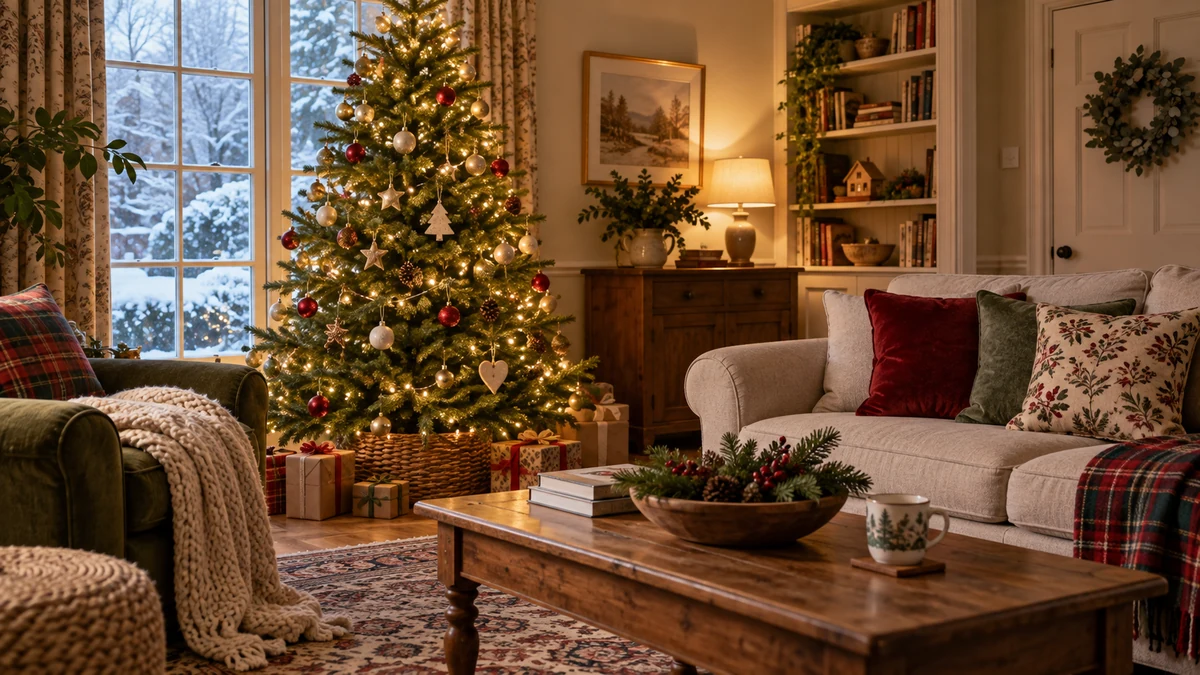 A Christmas tree with electric lights beside a window