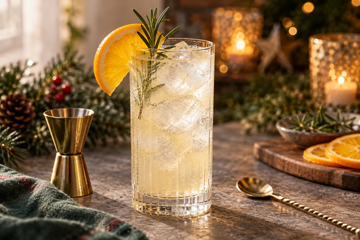 A citrus gin highball with orange and rosemary