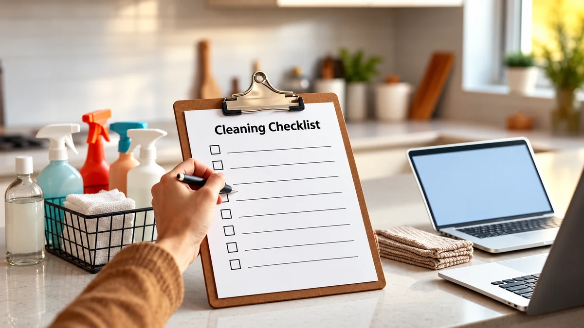 A cleaning checklist beside a laptop
