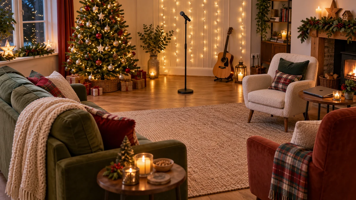 A clear singing area in a cosy Christmas sitting room