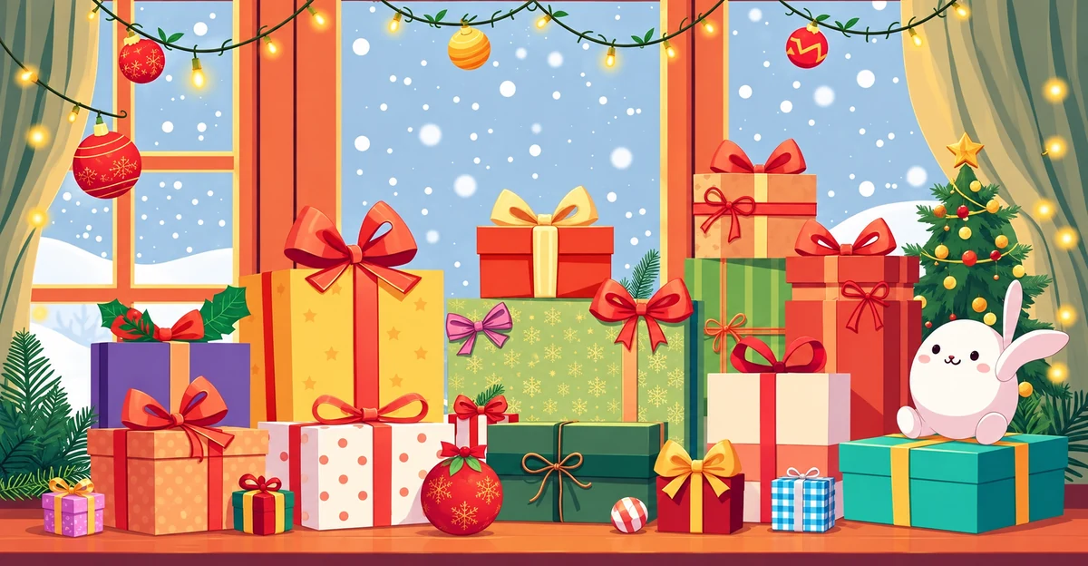 A colourful illustration of wrapped Christmas gifts