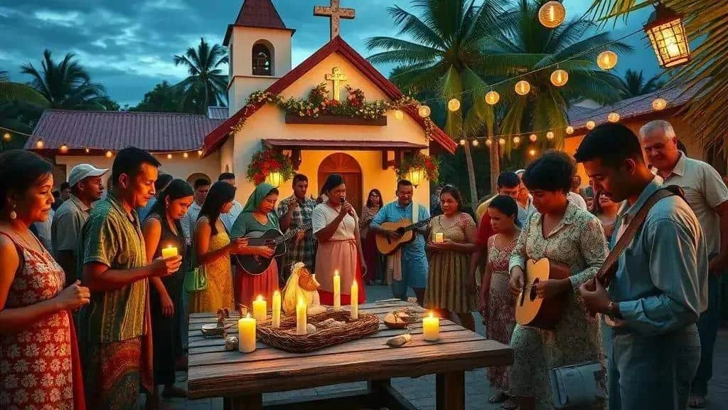 A community singing beside a church and nativity display A community singing beside a church and nativity display