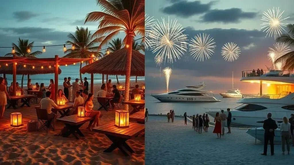 A conceptual beach dinner and marina New Year comparison