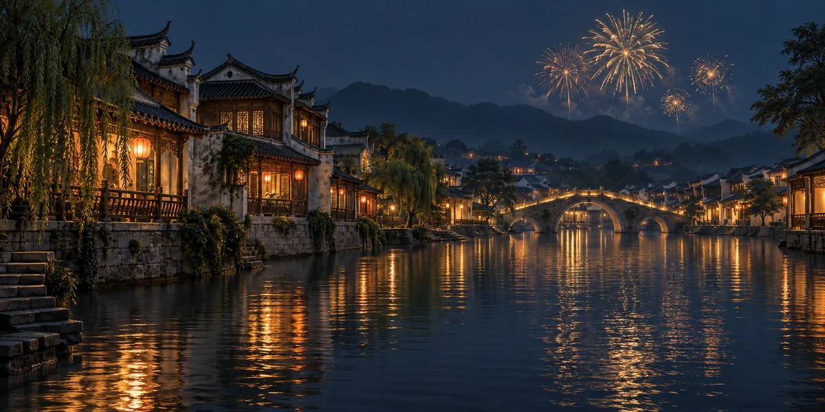 A conceptual Chinese riverside celebration with distant fireworks
