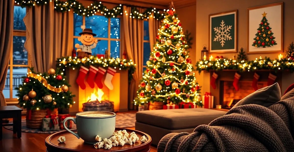 A cosy Christmas room with popcorn and a warm drink