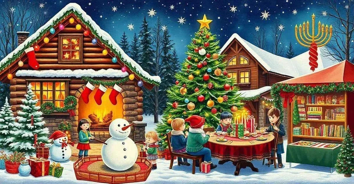 A cosy winter Christmas scene with a decorated tree