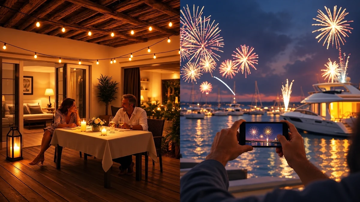 A couple dining and a visitor photographing marina fireworks A couple dining and a visitor photographing marina fireworks