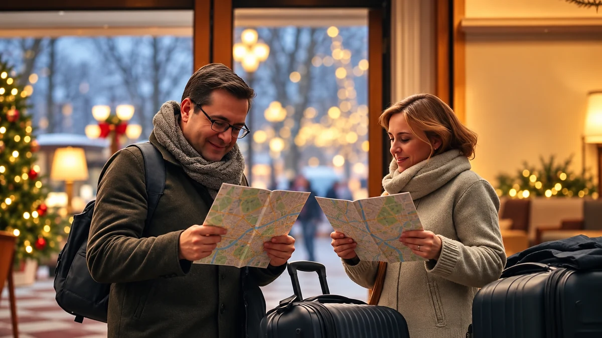 A couple planning a theme park trip with maps and luggage
