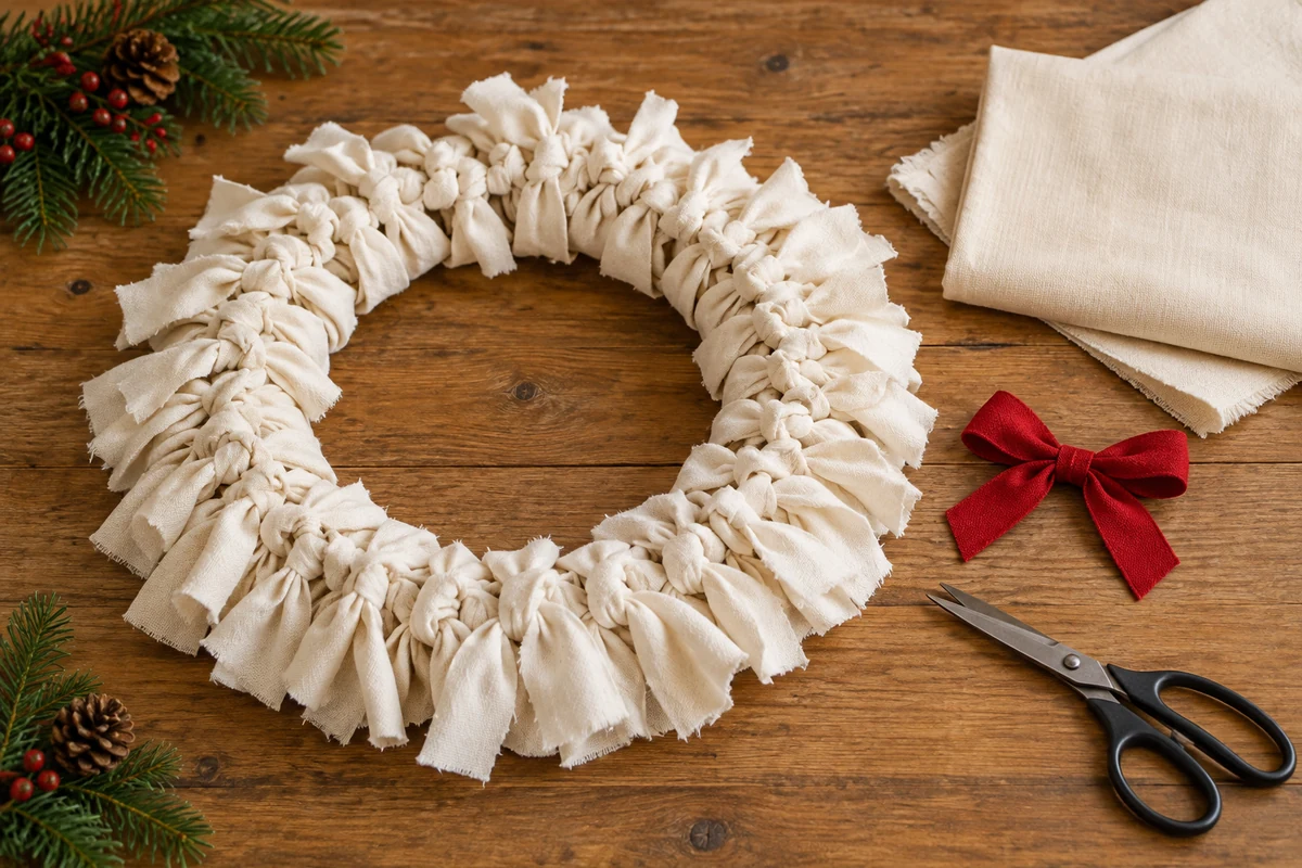 A cream fabric wreath with a red ribbon bow