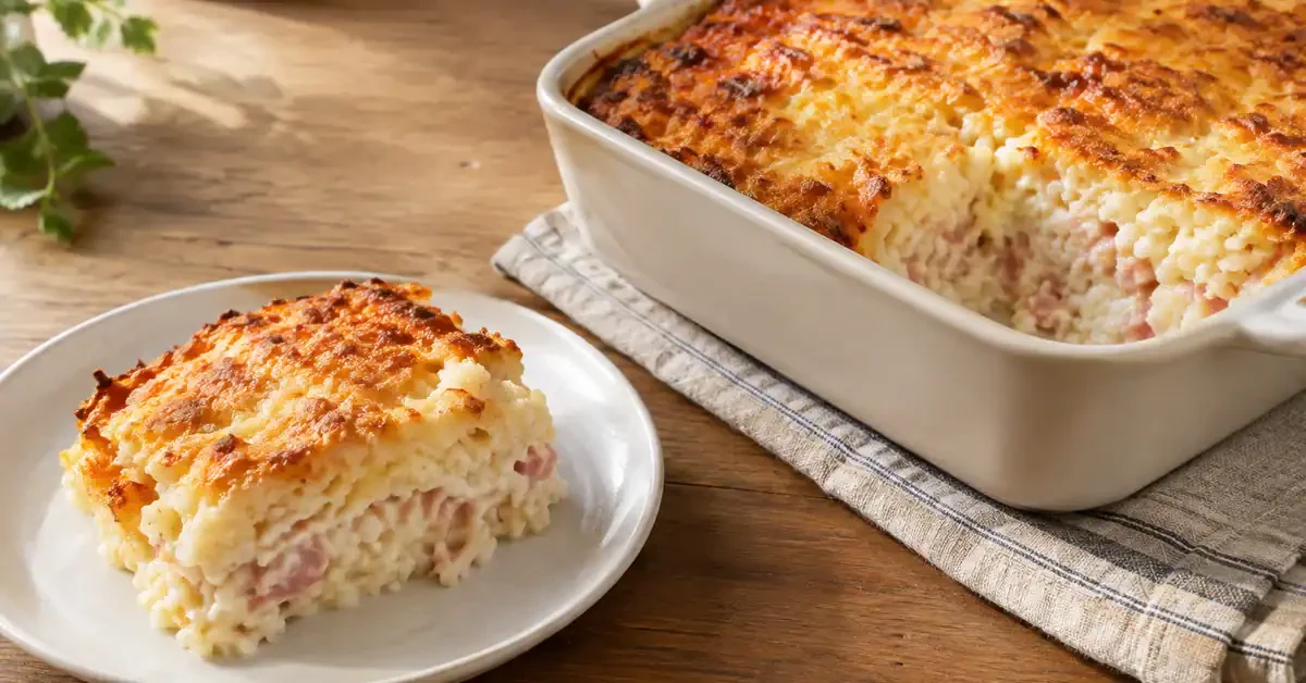 A creamy rice bake with a golden cheese topping