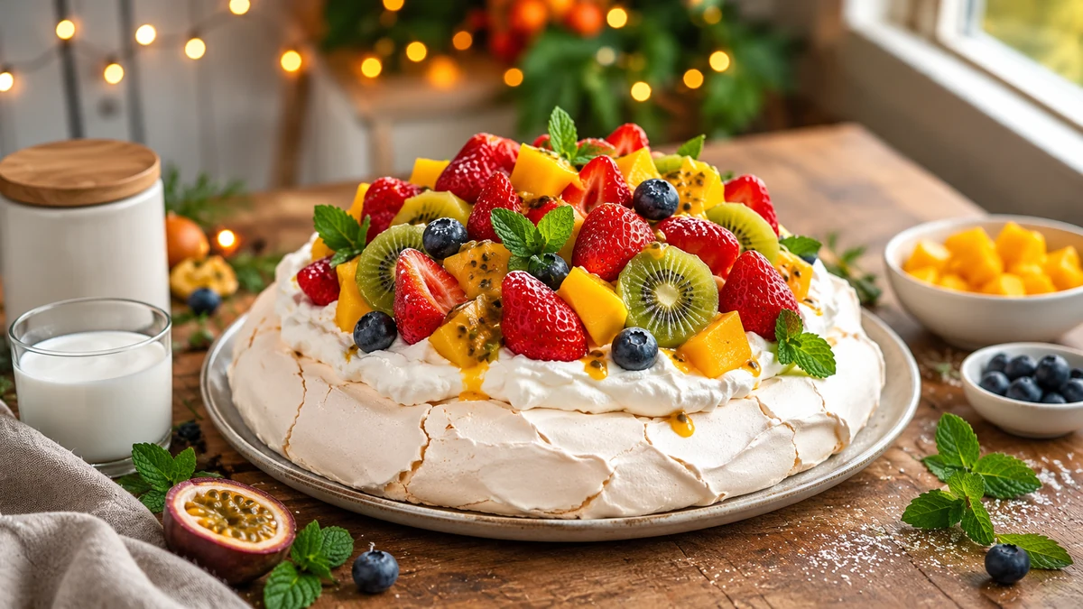 A crisp pavlova shell topped with coconut cream, berries and tropical fruit