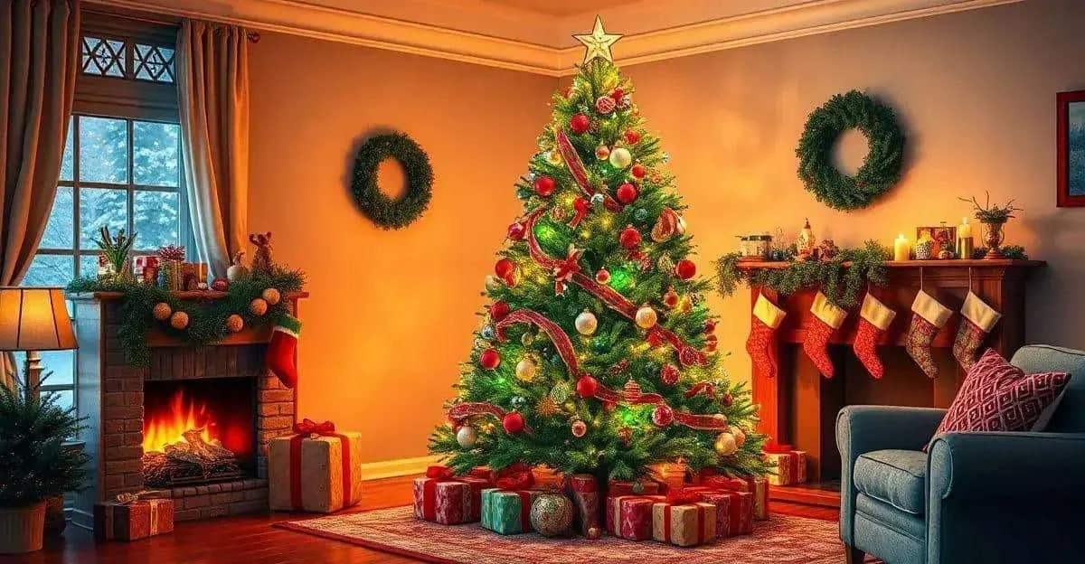 A decorated Christmas tree with red ribbons