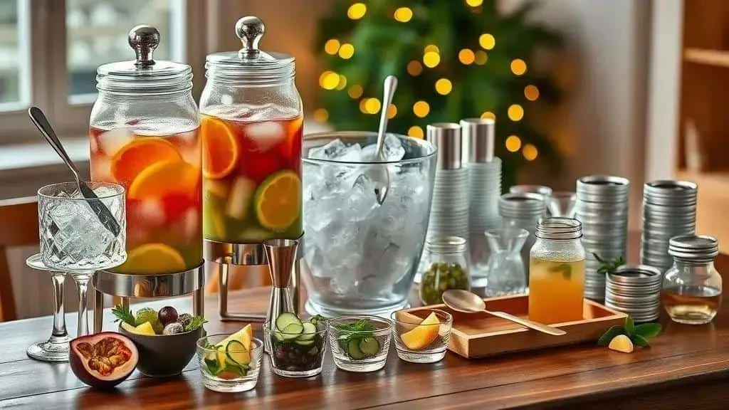 A drinks station with glasses fruit and garnishes A drinks station with glasses fruit and garnishes