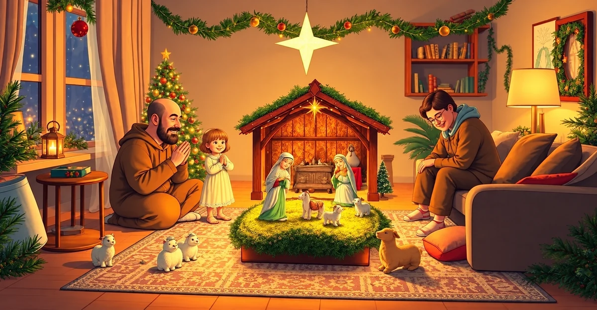 A family admiring a Christmas Nativity display