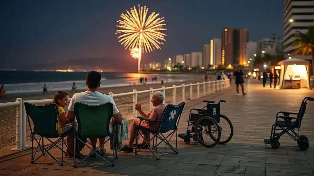 A family and wheelchair users enjoying a seafront celebration A family and wheelchair users enjoying a seafront celebration