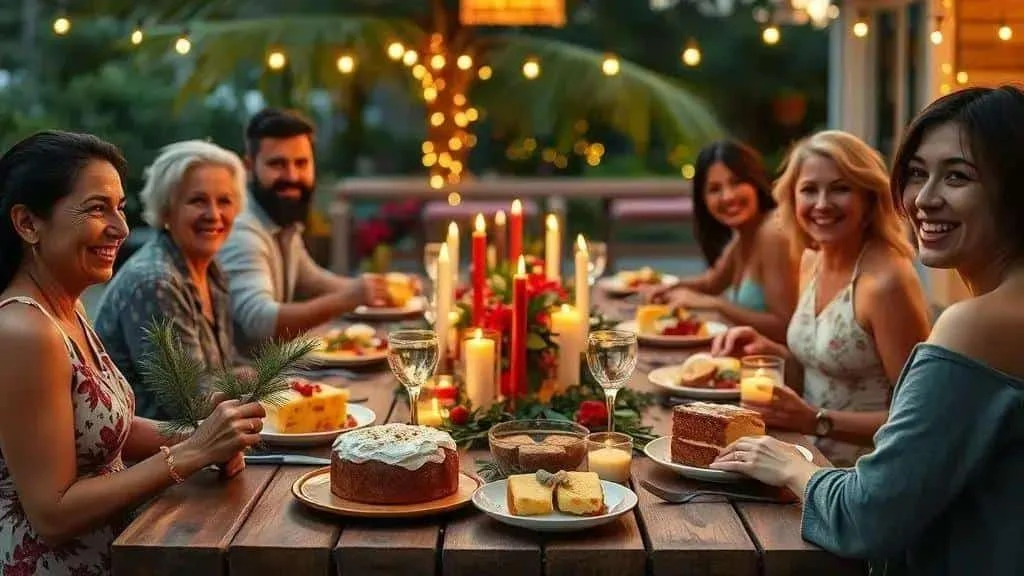 A family celebrating Christmas with an outdoor tropical meal