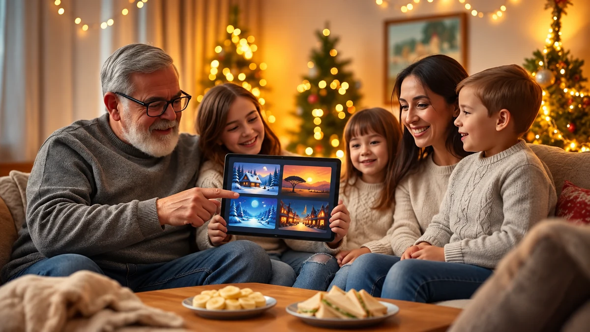 A family choosing a festive film on a tablet A family choosing a festive film on a tablet