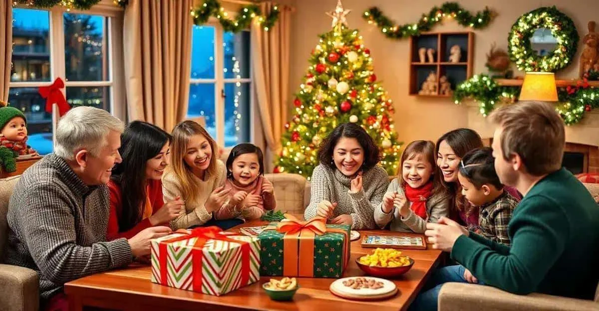A family gathering around Christmas presents and a game table