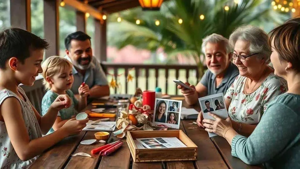 A family making festive crafts with photographs A family making festive crafts with photographs