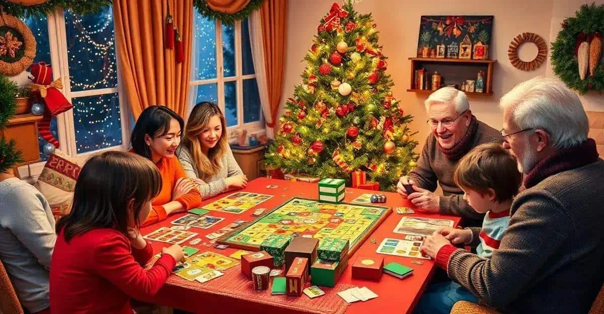 A family playing a board game around a festive table