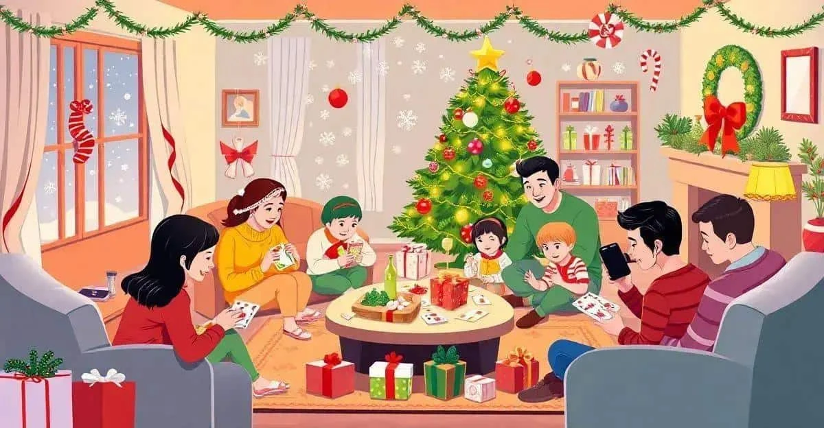 A family playing cards in a Christmas illustration