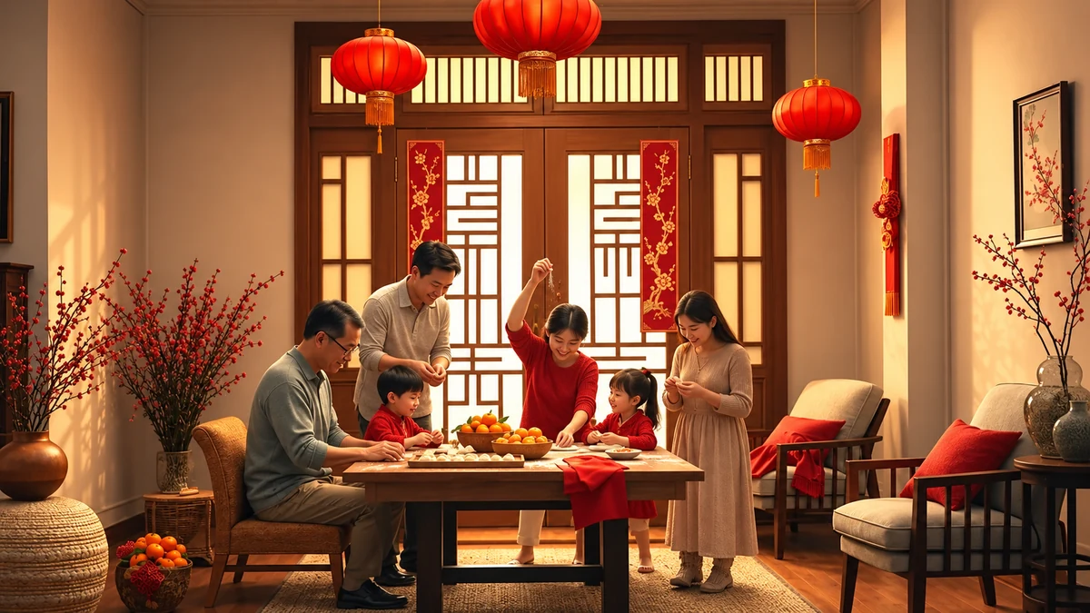 A family preparing red decorations for Lunar New Year A family preparing red decorations for Lunar New Year