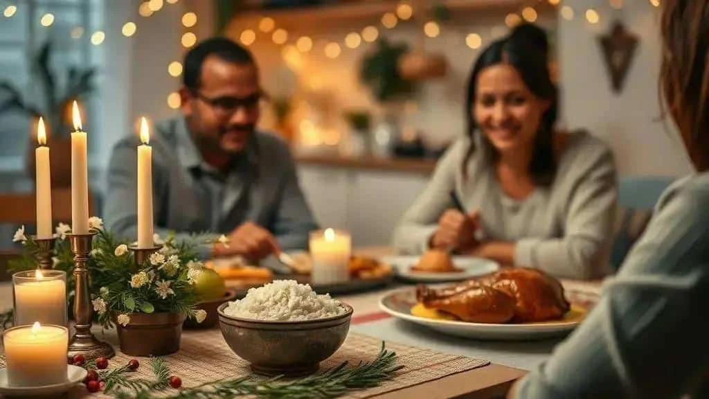 A family sharing a candlelit meal at the end of the year