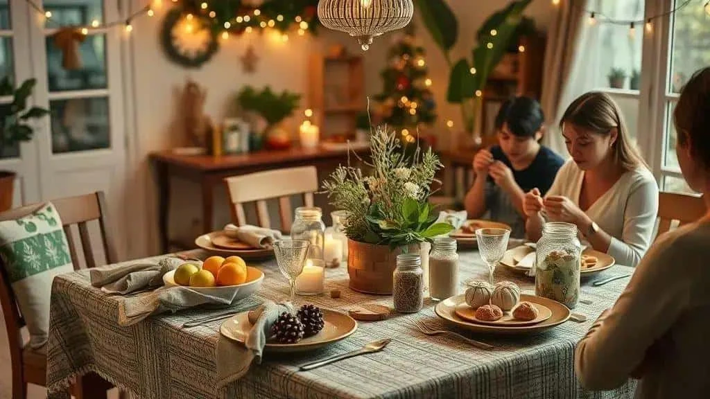 A family sharing a festive meal with natural decorations