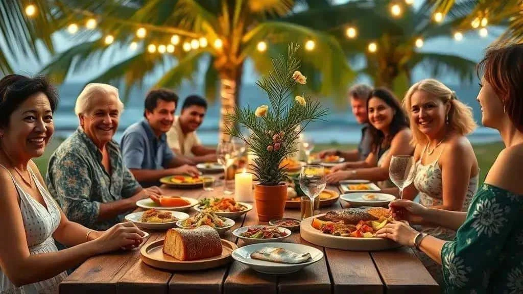 A family sharing an outdoor Christmas meal in a tropical garden A family sharing an outdoor Christmas meal in a tropical garden