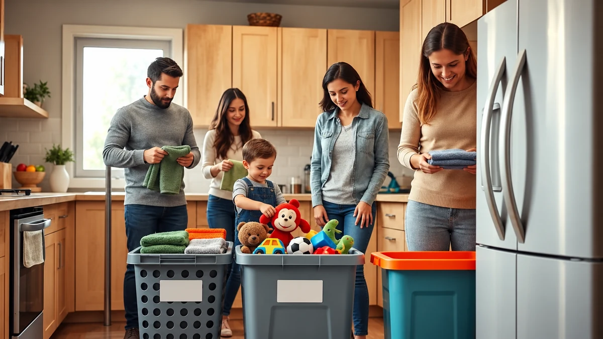 A family sorting toys and towels into baskets
