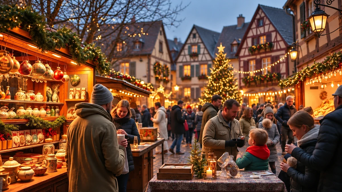 A family visiting a festive food and craft market