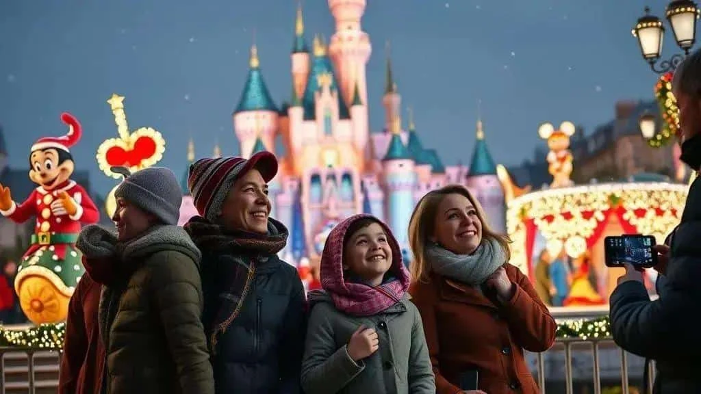 A family watching an illustrated Christmas parade