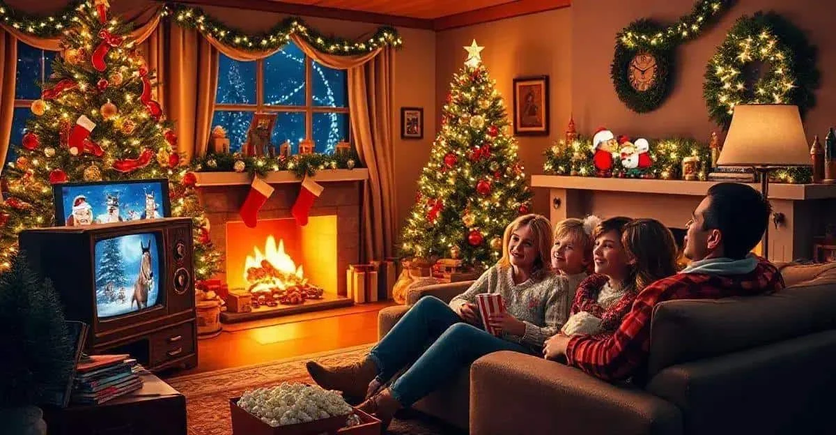 A family watching television beside a Christmas tree